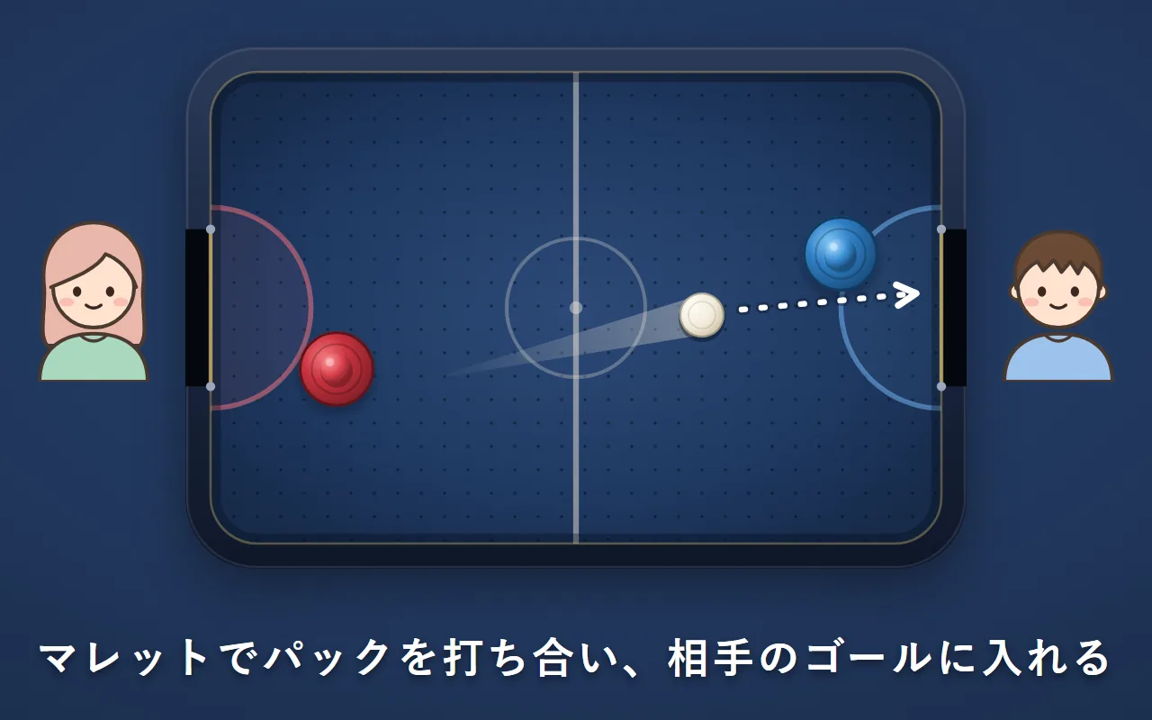 台を上から見た絵。両端に立った2人が、マレットでパックを打ち合っている