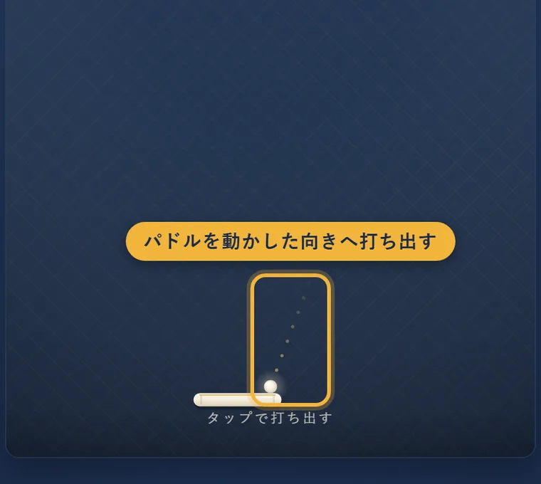 パドルの上のボールから、右上へ点線が伸びている。パドルを右へ動かしたので、右へ打ち出す