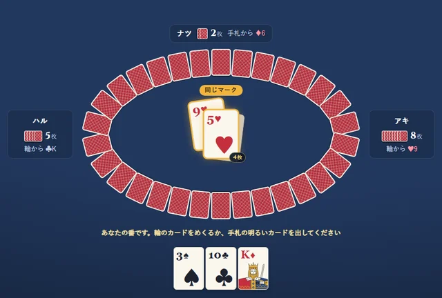 ぶたのしっぽのゲーム画面。伏せたカードが輪の形に並び、真ん中に台札、周りに他の3人の席、下にあなたの手札がある