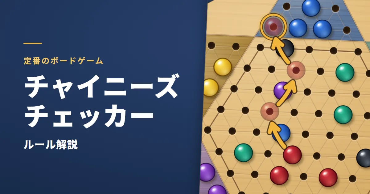 チャイニーズチェッカーのルール解説。木の星形の盤の真ん中で、赤の駒が青・紫・黒の駒を続けて飛び越して上の陣地へ入る金の矢印と、6色の駒の絵