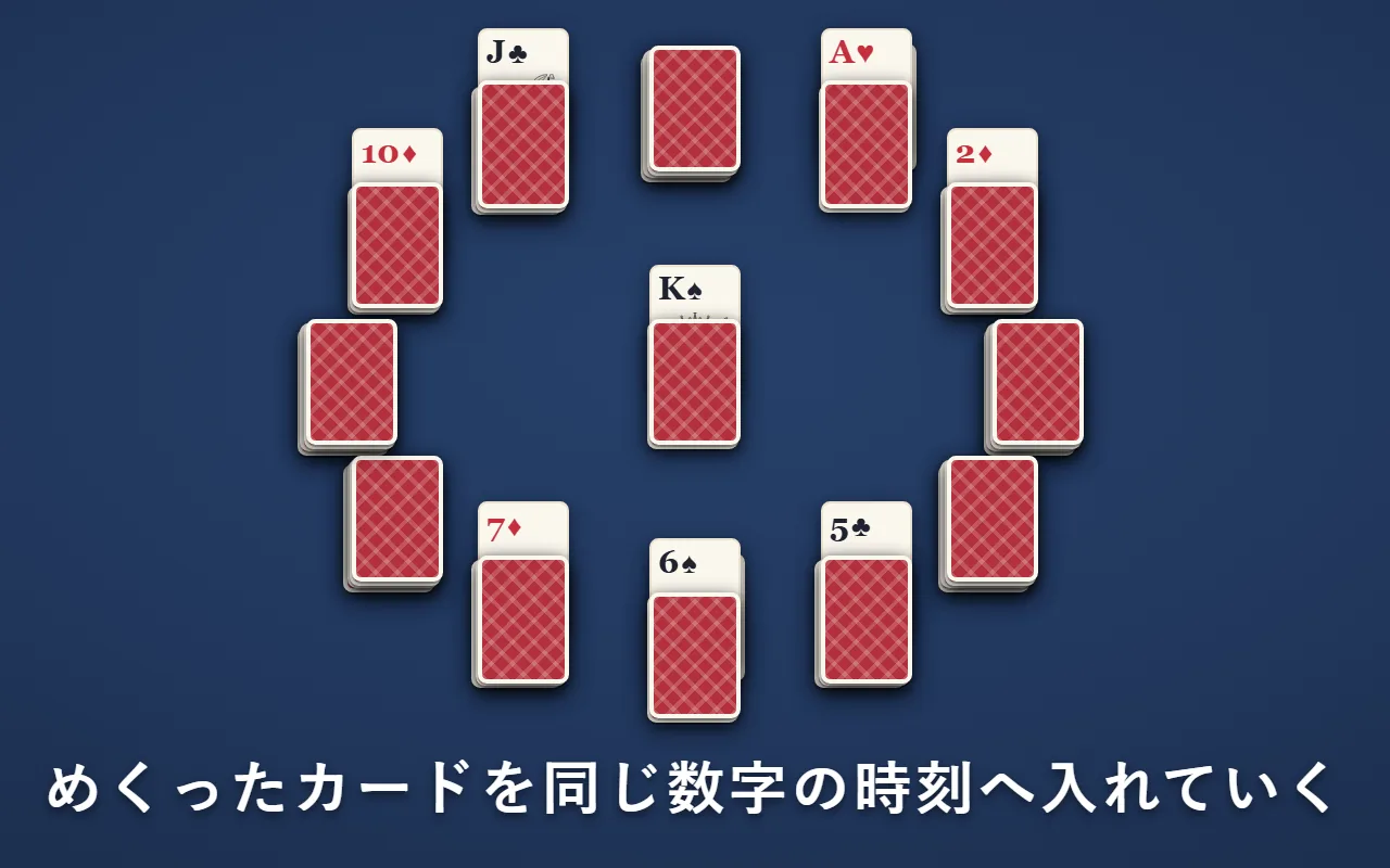 13の山を時計の形に並べ、真ん中の山からめくった「ダイヤの7」を、7時の山へ入れている