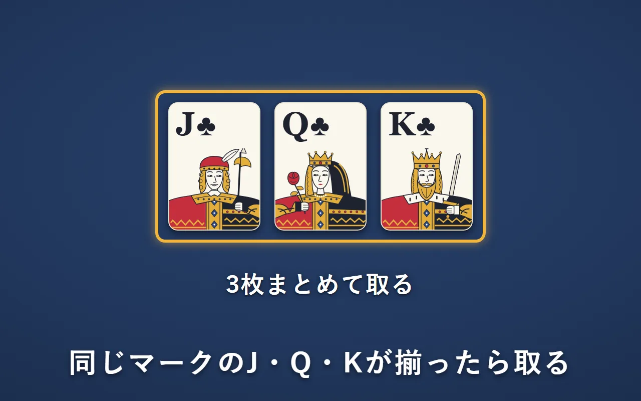 場札に「クラブのJ」「クラブのQ」「クラブのK」の3枚が揃ったので、3枚まとめて取り除いている