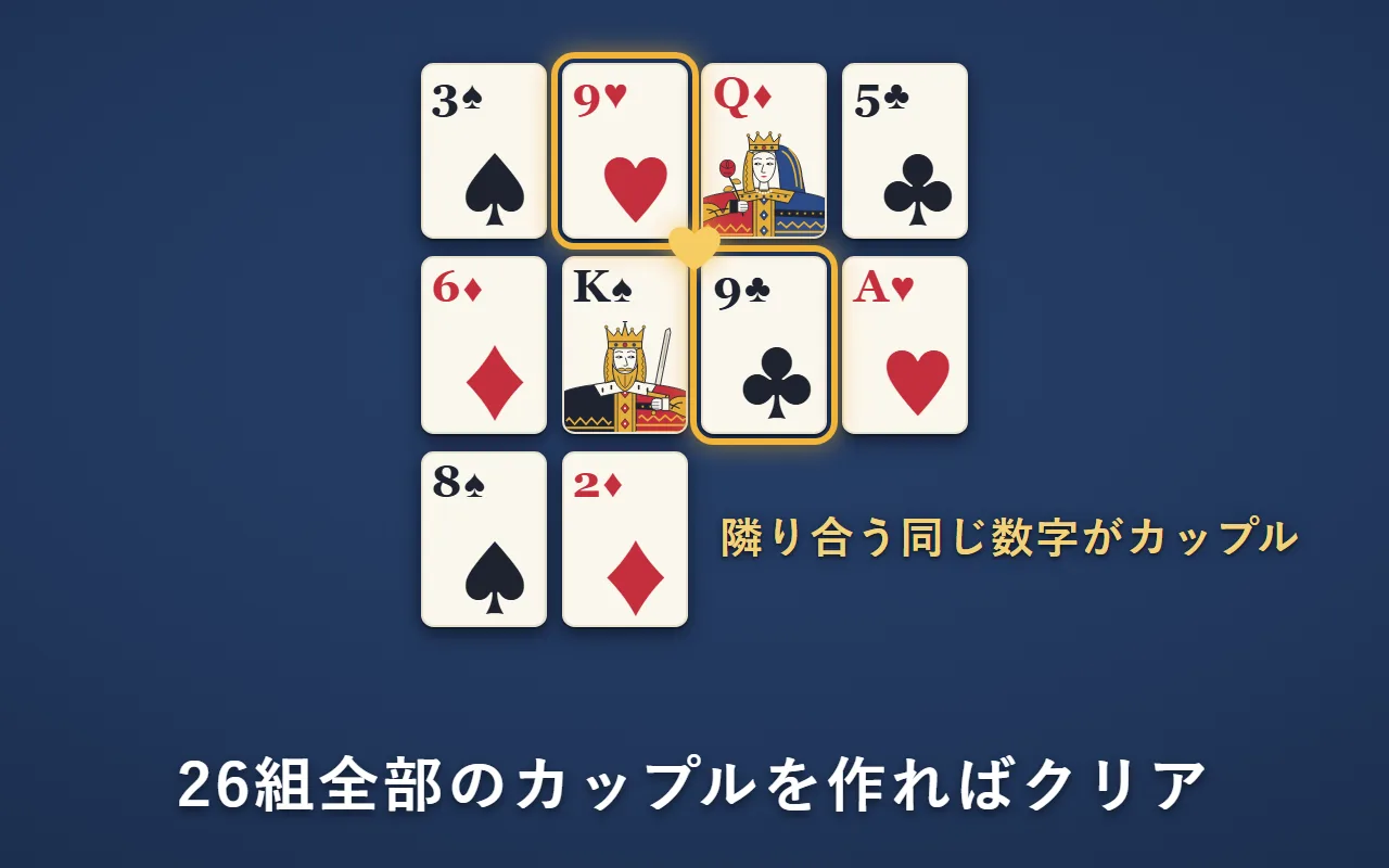 1段に4枚ずつ並べたカード。斜めに隣り合うハートの9とクラブの9を金の枠で囲み、2枚が接する所に小さな金のハート。カップルとして取れることを示している