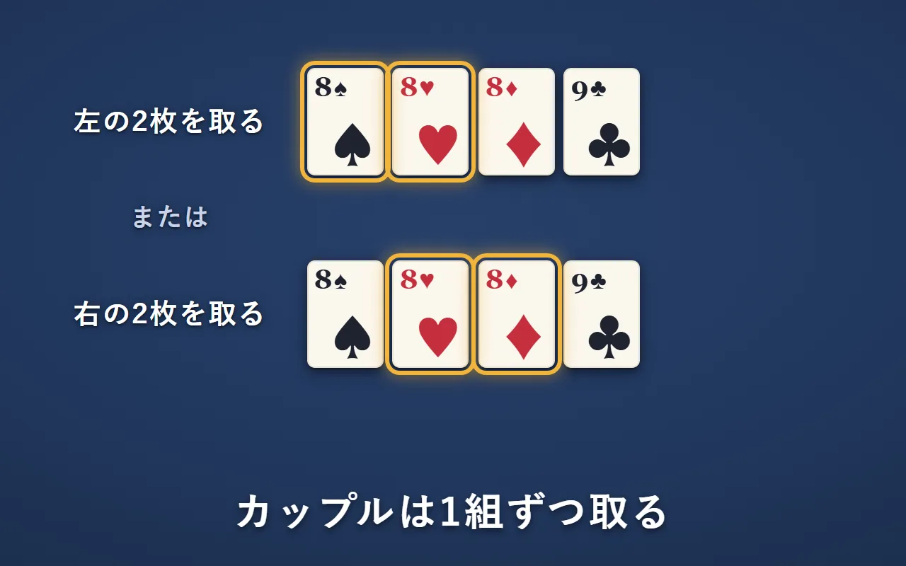 1段目に8が3枚並んでいる。左の2枚を取るか、右の2枚を取るかを選ぶ
