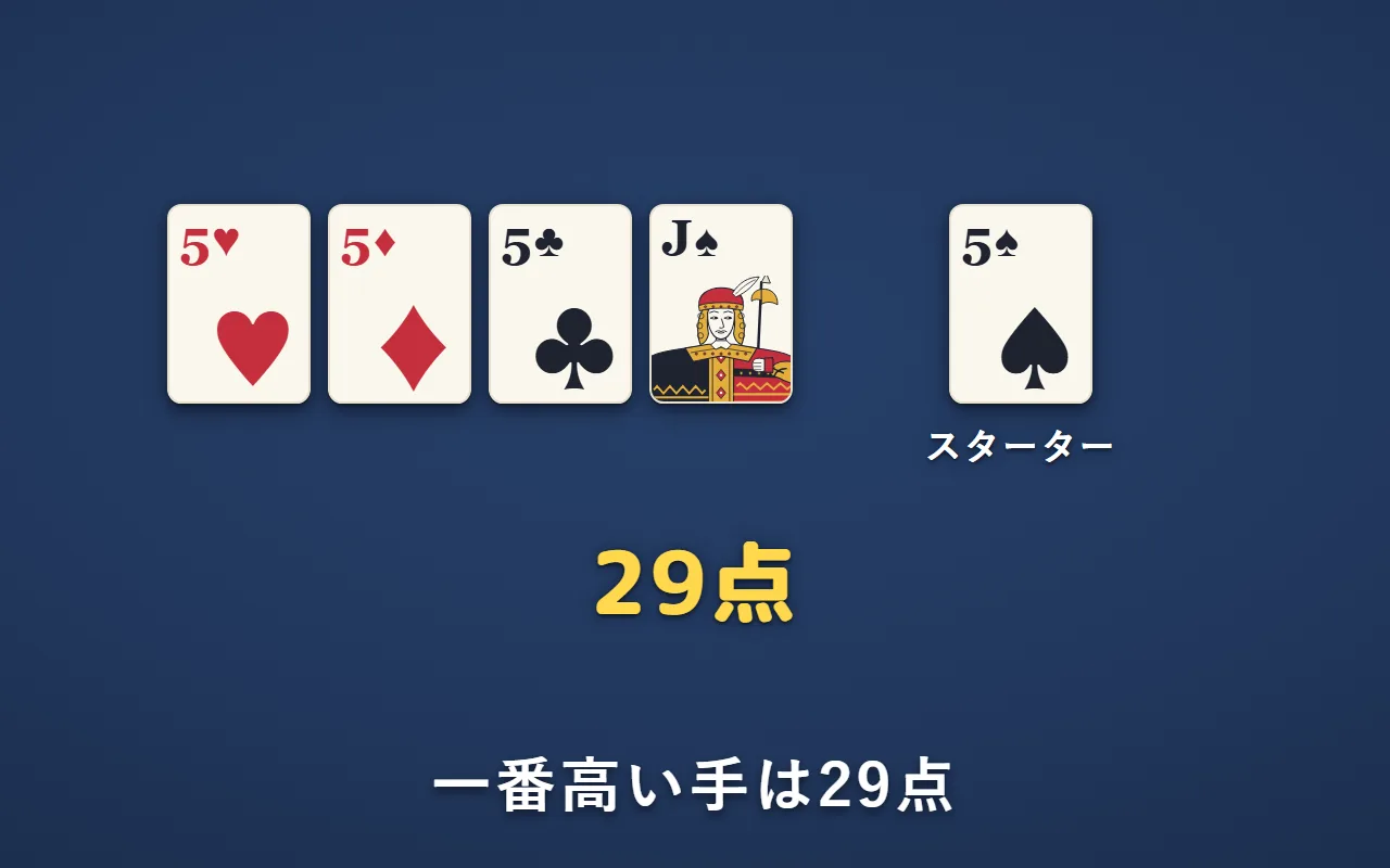 手札がハートの5・ダイヤの5・クラブの5・スペードのJ、スターターがスペードの5で29点