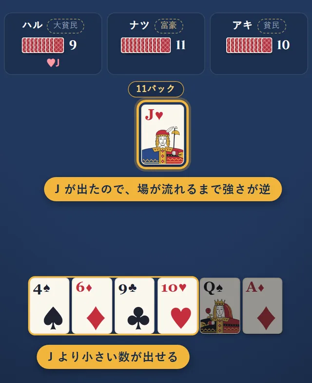 ハルが出したハートのJで11バックになり、あなたの手札ではJより小さい数のカードが出せるカードとして明るくなっている