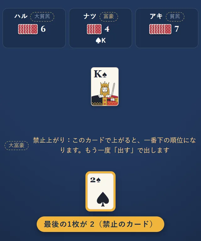 最後の1枚がスペードの2で、このカードで上がると反則になるという注意が出ている