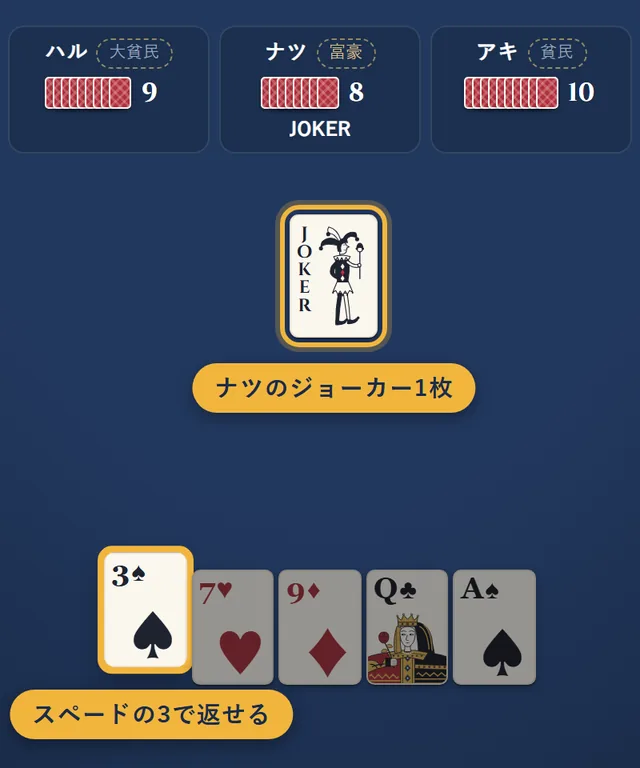 ナツが出したジョーカー1枚に、あなたはスペードの3で返そうとしている