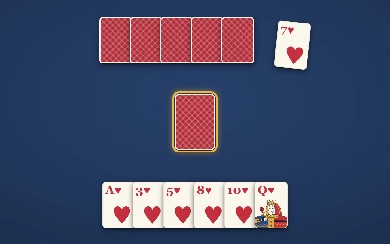 ゲスイットの絵。まん中に伏せた1枚が金の枠で囲まれている。上に相手の手札（裏向き）と、見せたハートの7。下に自分の手札（ハートの A・3・5・8・10・Q）
