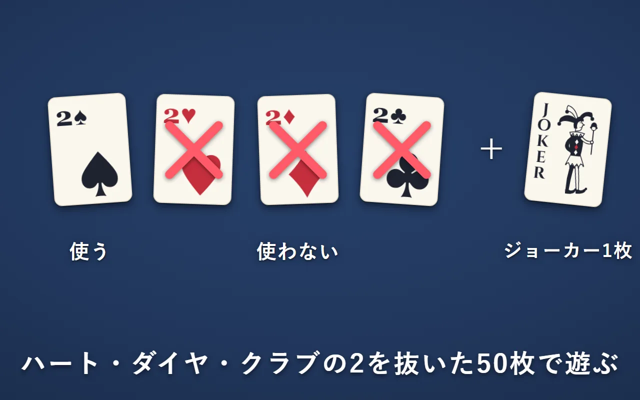 ハート・ダイヤ・クラブの2に×が付いている。スペードの2とジョーカーは使う