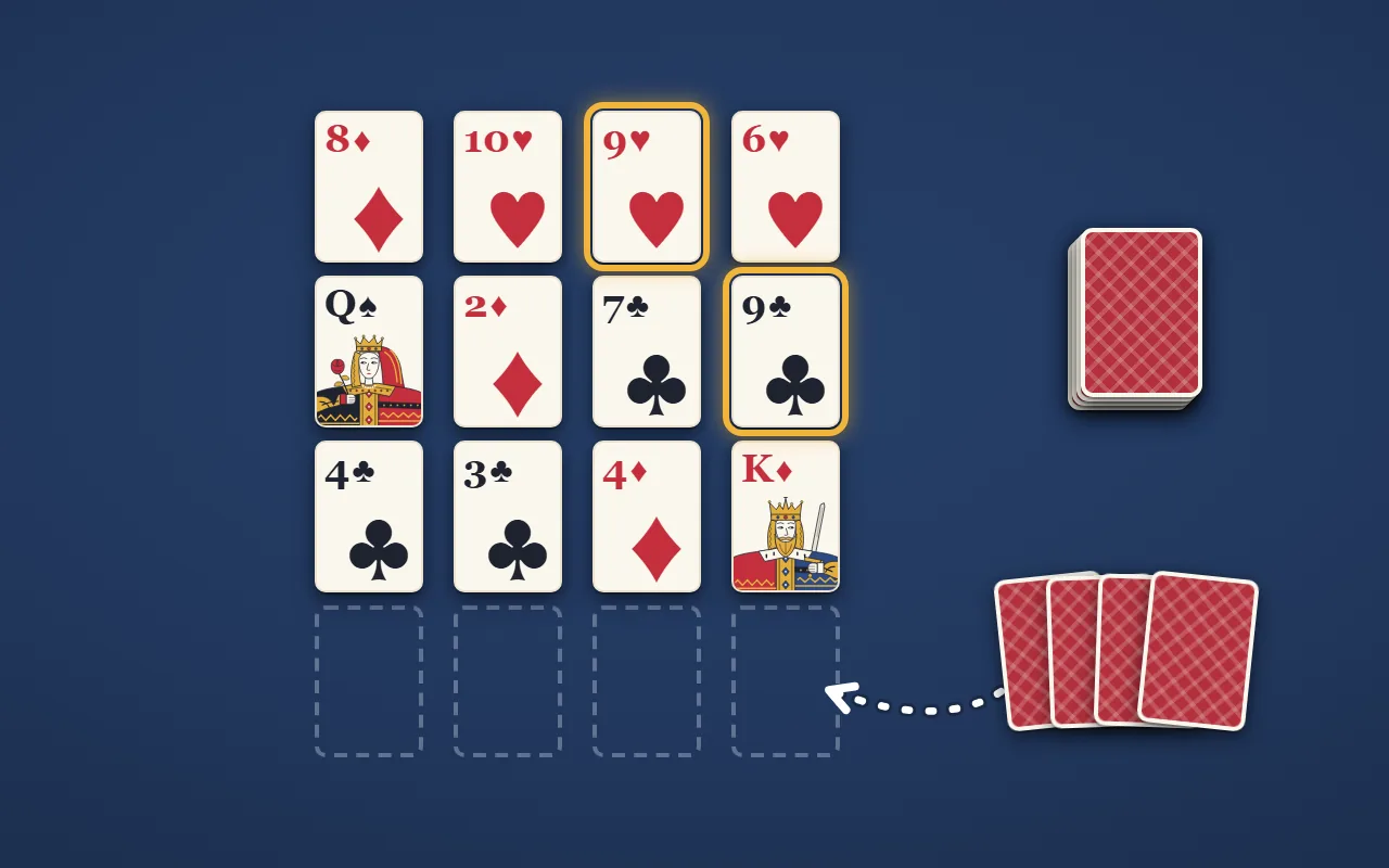 カップルの並び。1段に4枚ずつ表向きで並べた3段のカード。斜めに隣り合うハートの9とクラブの9が金の枠で囲まれている。4段目は空いた場所で、右の山札の横の4枚を並べる矢印
