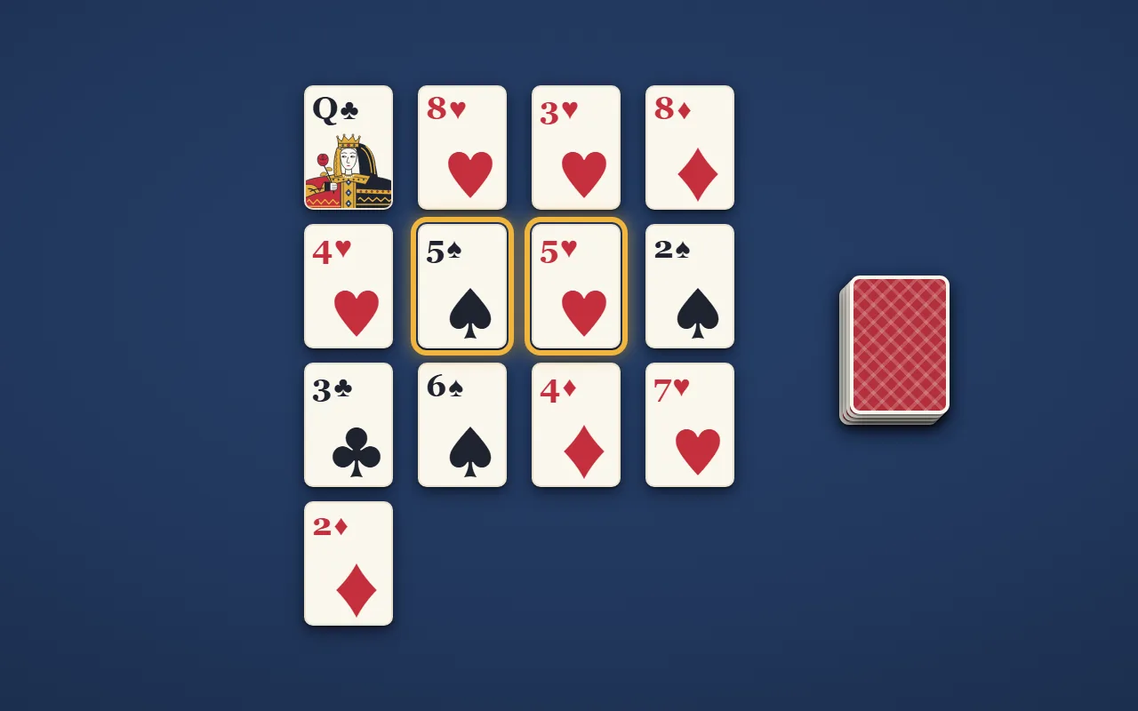 エスカレーターの並び。1段に4枚ずつ表向きで並べている途中。横に隣り合うスペードの5とハートの5が金の枠で囲まれている。右に山札