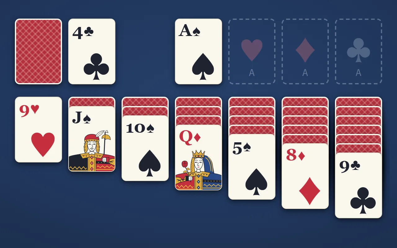 ソリティア（クロンダイク）の並び。上の左に山札とめくったカード、上の右にマークごとにカードを集める4つの置き場。下に7列あり、左の列から裏向きのカードが0枚から6枚、その上に表向きのカードが1枚ずつ