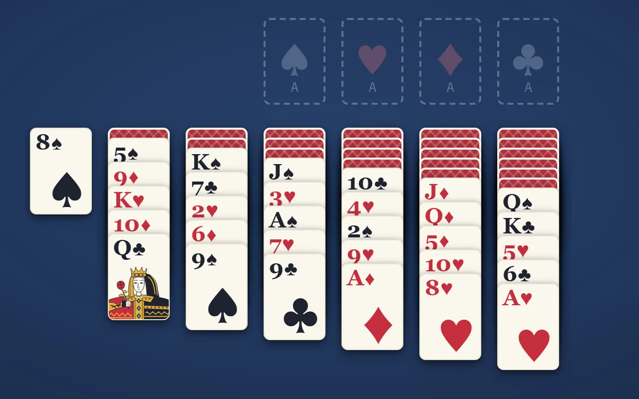 ユーコンの並び。7列あり、左の列から裏向きのカードが0枚から6枚、その上に表向きのカードが重なっている。山札はなく、上の右にマークごとにカードを集める4つの置き場
