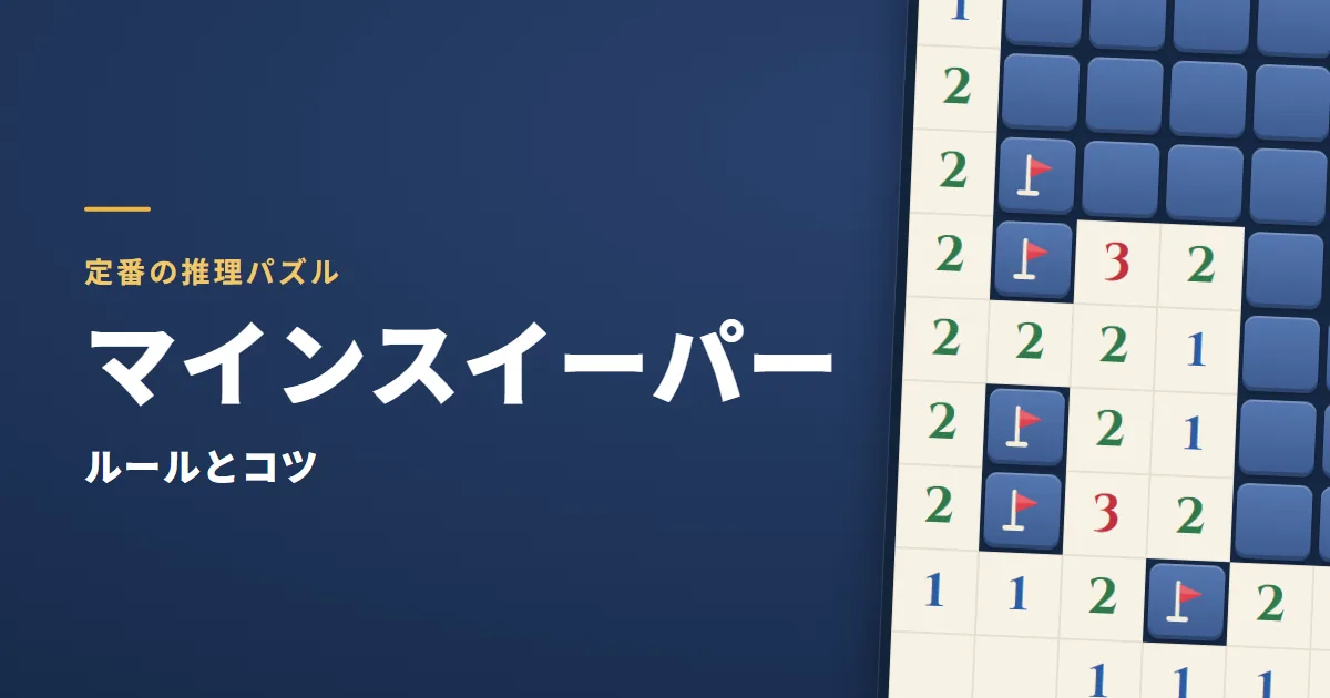 マインスイーパーのルールとコツ。盤の一部を大きく写した絵（開いたマスの数字・旗・まだのマス）