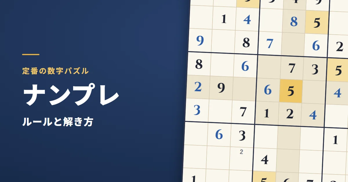 ナンプレのルールと解き方。解いている途中の盤の一部を大きく写した絵(最初からある黒い数字と、自分で入れた青い数字)