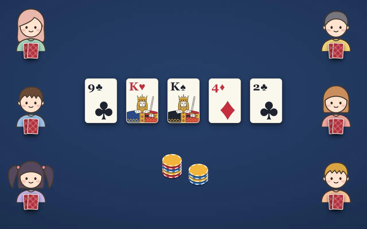 テキサスホールデムの絵。左右に3人ずつ、6人が座っていて、それぞれ自分だけの2枚（裏向き）を持っている。まん中に、全員で使う場の5枚。下にチップ