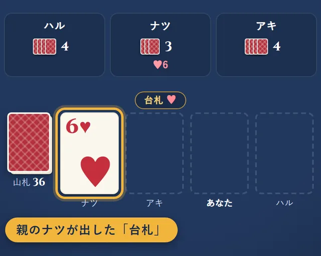 親のナツが、台札としてハートの6を出したところ
