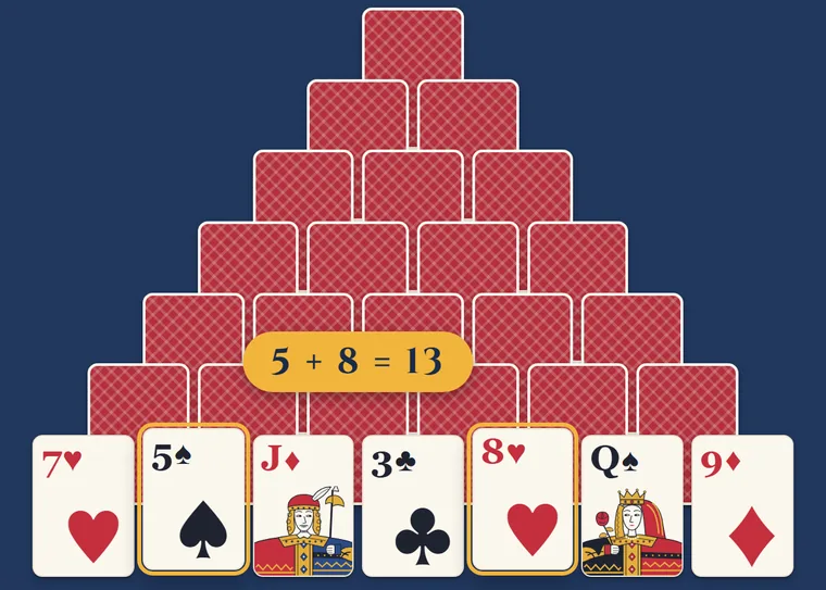 ピラミッドの一番下の段で、5と8のカードが選ばれている。5＋8＝13と書かれている