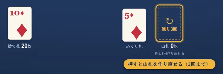山札がなくなった場所に、作り直しのボタン（残り3回）が表示されている