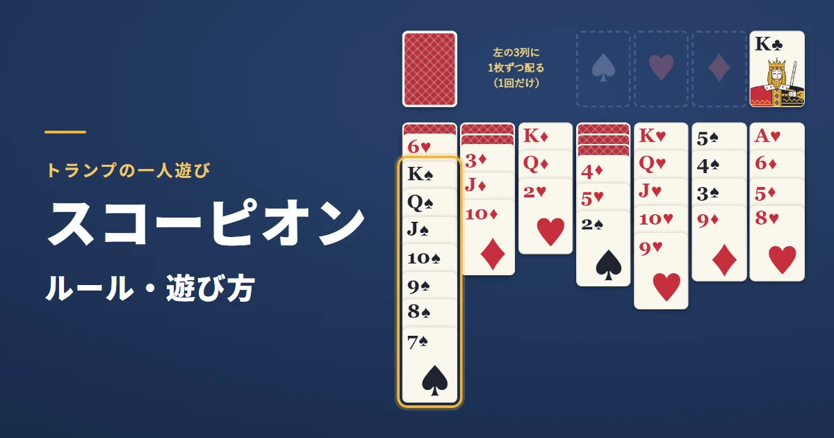 スコーピオン（ソリティア）のルール・遊び方。同じマークで並んだ K から 7 までのカードを金色の枠で囲んだゲーム画面