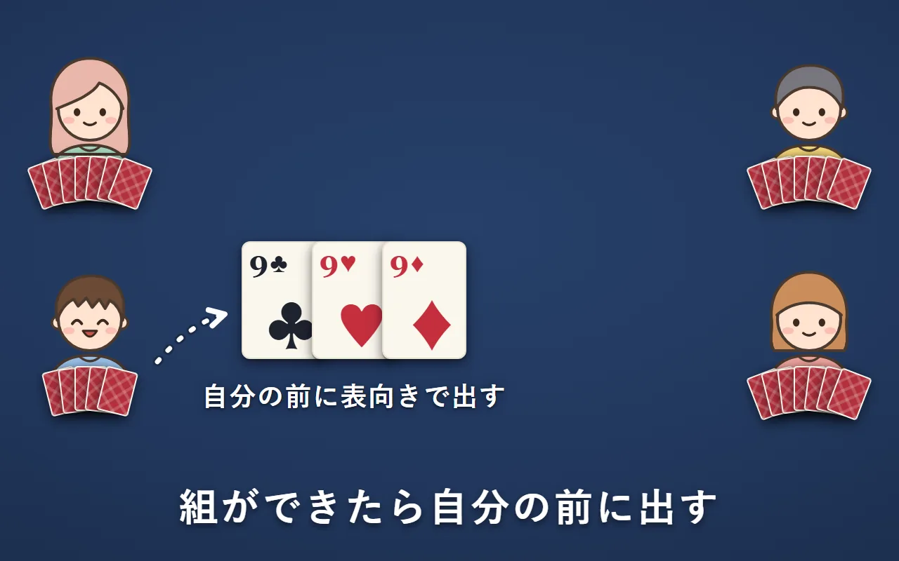 左下の人が、手札からクラブ・ハート・ダイヤの9の3枚を、自分の前に表向きで出している