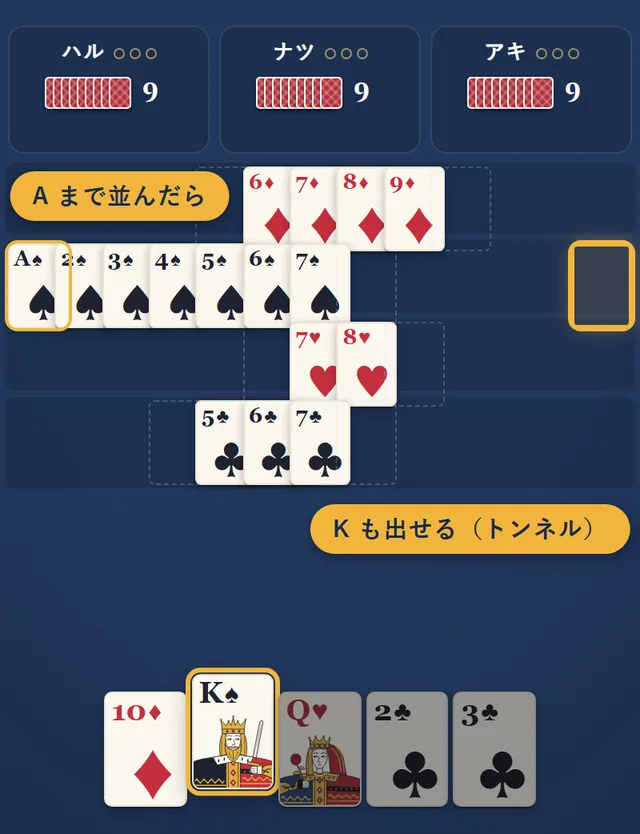 スペードがAまで並んだので、反対の端のKを出そうとしている