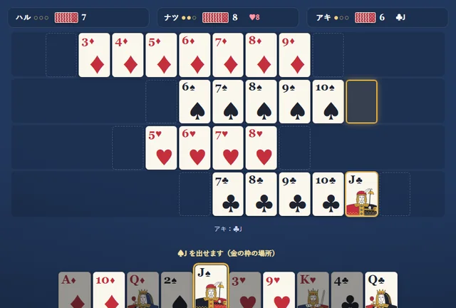 七並べのゲーム画面。上に他の3人の席、真ん中に4つのマークの列、下にあなたの手札が並んでいる