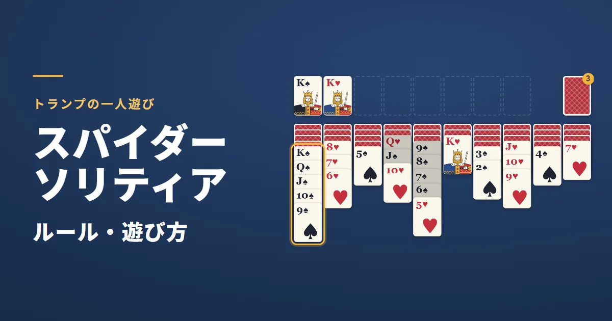 スパイダーソリティアのルール・遊び方。同じマークでKから並んだカードを金色の枠で囲んだゲーム画面