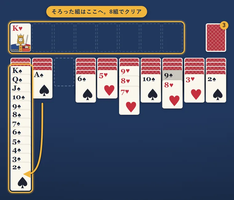 ♠Kから♠2まで並んだ列の下へ、♠Aを動かす矢印。並んだ13枚と、上の段の完成した組の置き場所が金色の枠で囲まれている