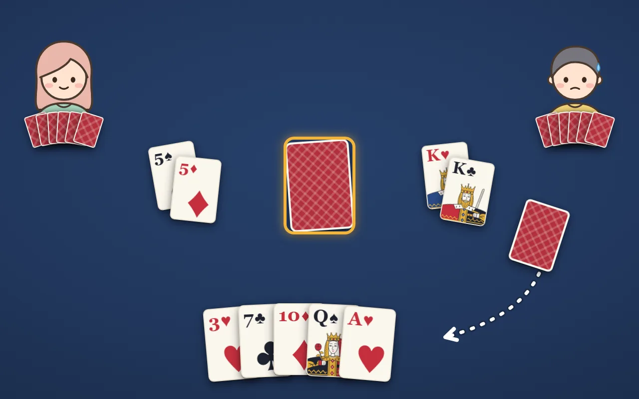 ジジ抜きの絵。まん中に、最初に伏せて抜いた1枚（金の枠）。その左右に、捨てたペア（5の2枚と K の2枚）。上の右の人の手札から1枚引いて、下の自分の手札へ入れる矢印