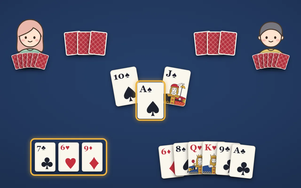 ナインティナインの絵。上の左右に相手の2人と、その前に伏せた3枚の予想カード。まん中に、左の人のスペードの10・右の人のスペードの J と、自分が出したスペードの A(金の枠)。下の左に、自分の予想カード3枚(クラブ・ハート・ダイヤ)が金の枠で囲まれている。下の右に自分の手札