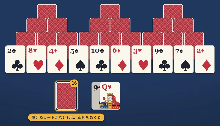 台札のQに置けるカードが場札になく、山札が金色の枠で囲まれている