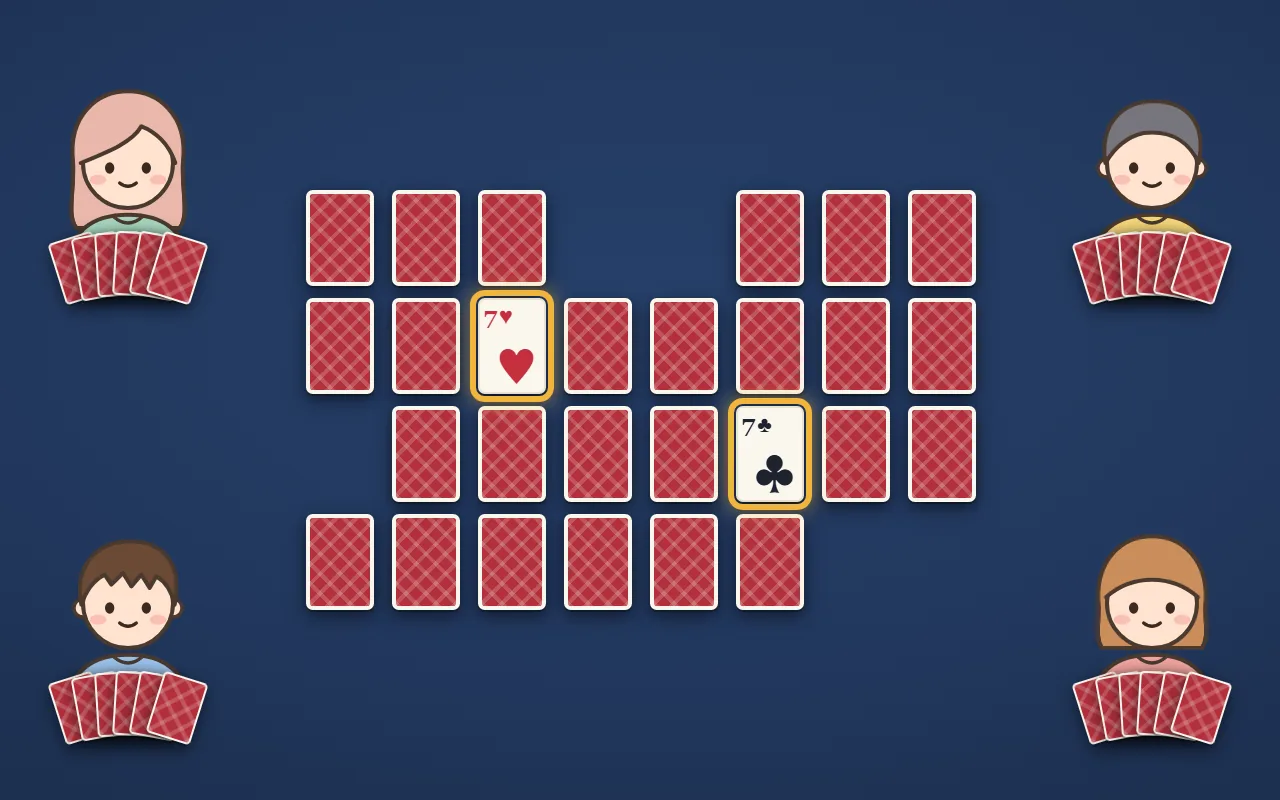 神経衰弱の絵。テーブルの四隅に4人。まん中に裏向きに並べたカードがあり、ハートの7とクラブの7の2枚が表になって、金の枠で囲まれている