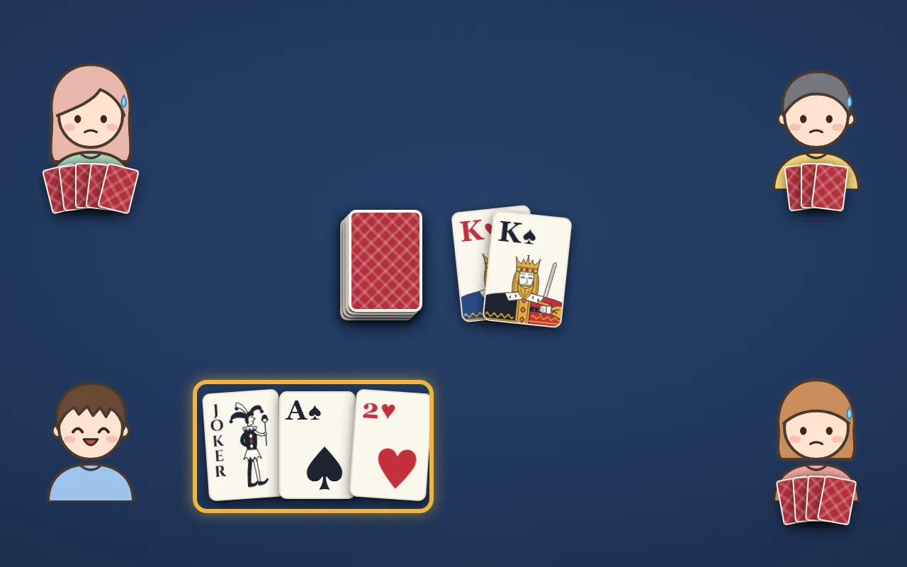 ヤニブの絵。テーブルの四隅に4人。まん中に山札と、前の人が捨てたハートの K とスペードの K。左下の人の手札はジョーカー・スペードの A・ハートの2の3枚で、金の枠で囲まれている。ほかの3人の手札は裏向きで、枚数がばらばら