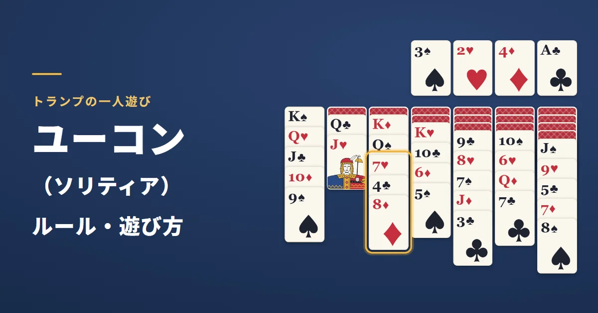 ユーコン（ソリティア）のルール・遊び方。並び方がばらばらのカードを、まとめて金色の枠で囲んだゲーム画面
